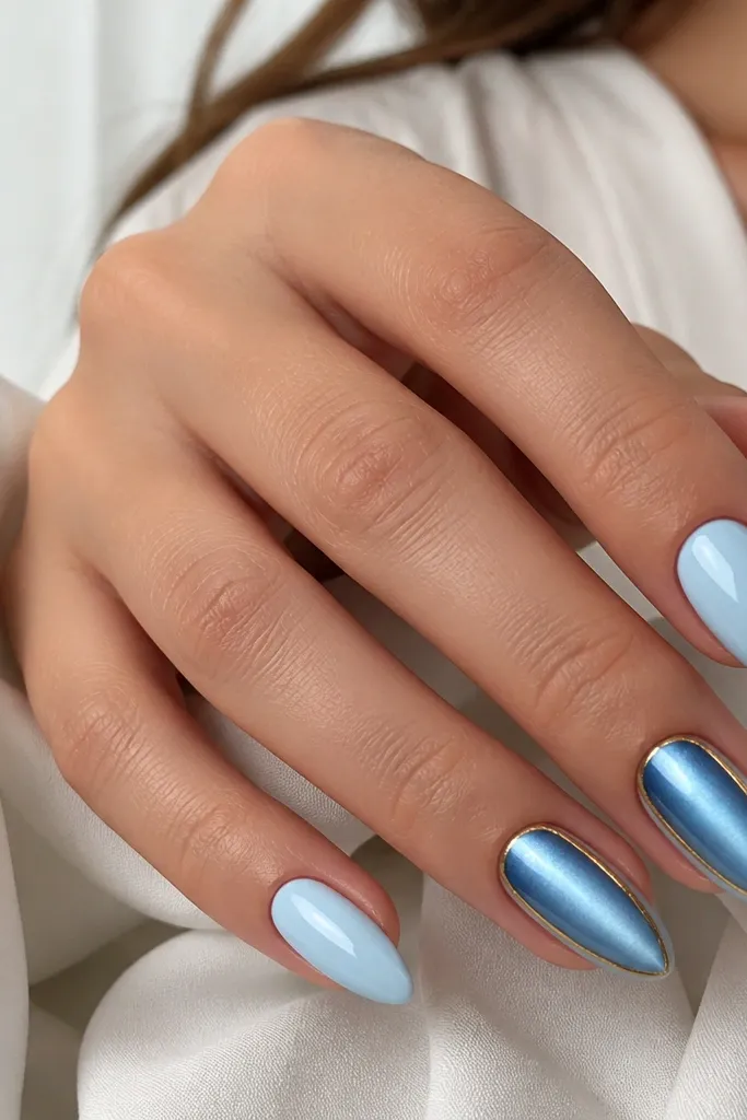 Almond nails with mostly blue-white solid color. On two accent nails, a cat-eye gel creates a bright line down the center. A thin gold outline surrounds the cat-eye area.