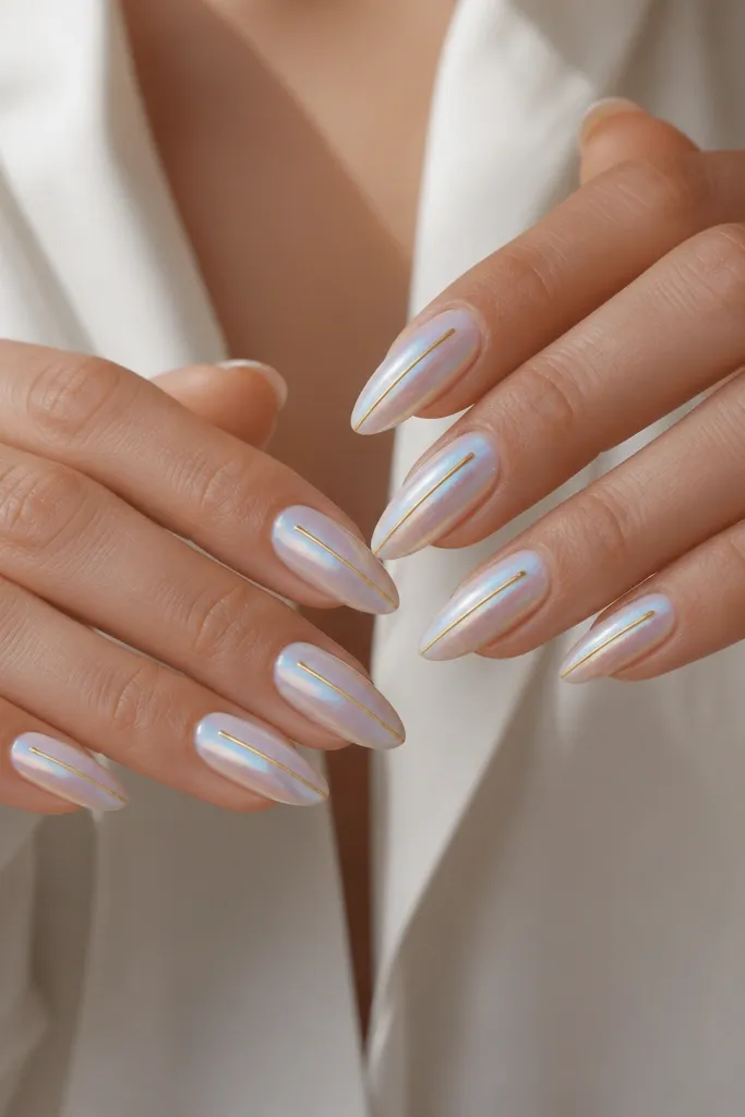 Almond nails with a pearly blue-white finish that shifts slightly. On each nail, a thin vertical gold side bar runs from just below the cuticle to near the tip, leaving space between bar and sidewall.