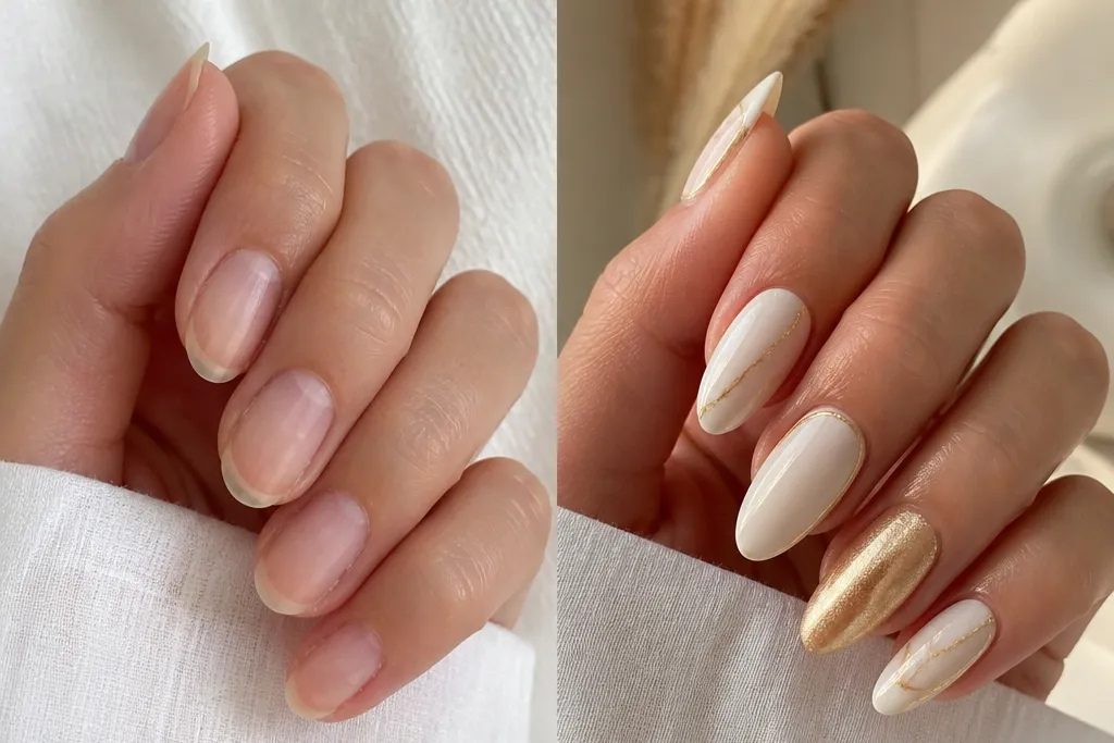 Before and after white and gold almond nails
