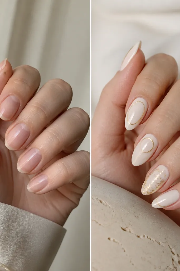 Before and after white and gold almond nails