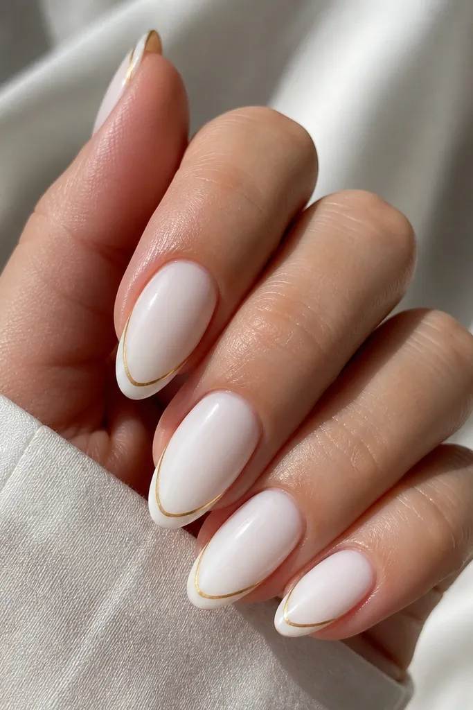 Five almond nails. The base is milky opaque white. Each nail has a very thin gold arc running along the tip like a French line, with a small gap of white between the arc and the edge of the nail. Glossy finish, no gems.