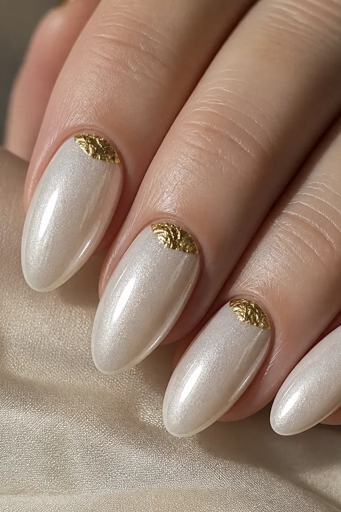 Four almond nails shown close-up. The base is pearl white with a soft shimmer. Near the cuticle on each nail is a small crescent of irregular gold foil, like a tiny metallic sticker. The rest of the nail is bare pearl white, glossy.