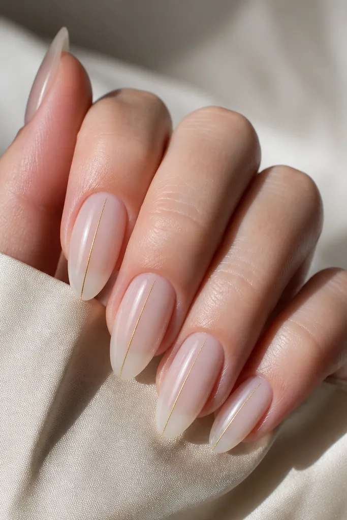 Five almond nails with a sheer frosted white base, see-through enough to show natural nail tone. One thin vertical gold line runs down the center-left side of each nail. The finish is glossy, with no other art.
