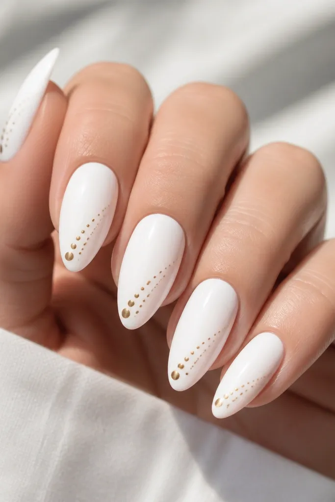 Six almond nails. The base is bright glossy white. Each nail has a diagonal trail of tiny gold dots starting near the lower side of the nail and tapering toward the tip. No other shapes. Clean edges and glossy shine.