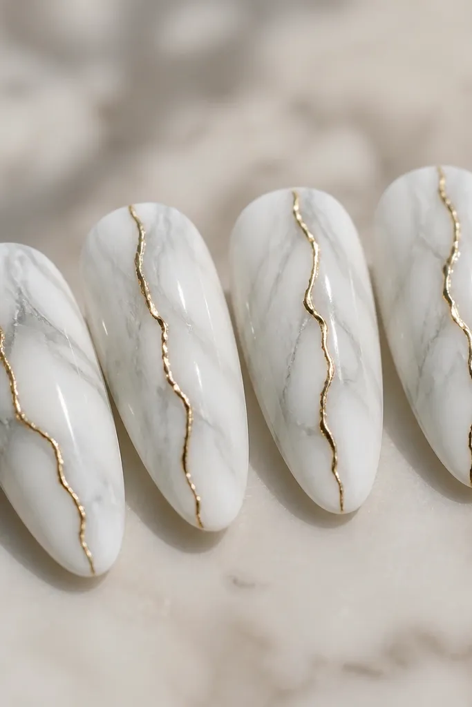 Four almond nails with a white marble base - soft grayish-white swirls. A single thin gold vein runs vertically through the marble on each nail. Glossy top coat, the gold line looks like metal inlaid.