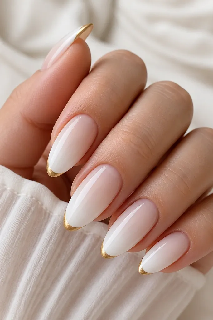 Five almond nails with a soft white ombré - deeper white near the tip fading lighter toward the cuticle. At the tip there is a small gold half-moon shape hugging the very edge. Glossy finish.