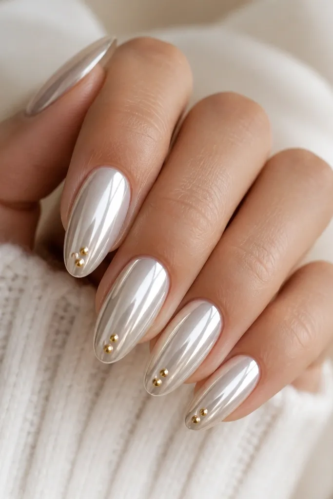 Five almond nails with white chrome powder that reflects like a soft mirror. Near the tip edge on each nail are 2 to 3 tiny gold micro studs arranged in a small cluster. Glossy top coat over chrome.