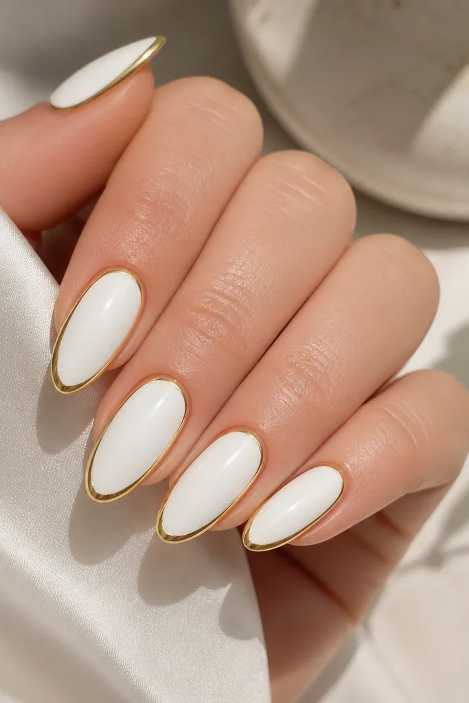 Five almond nails with a solid white base. Around the almond silhouette, there is a thin gold outline tracing the sides and tip, leaving the center white. Glossy finish, clean border lines.