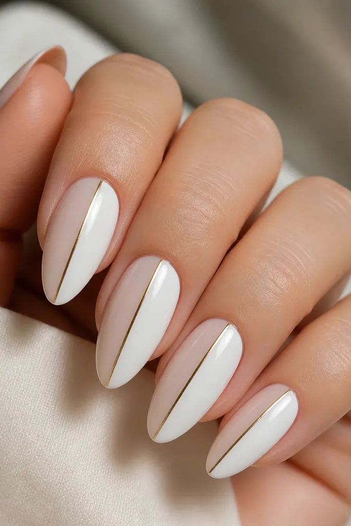Four almond nails. The left half is sheer nude with a frosted look, the right half is solid white. A thin gold vertical line separates the two halves down the center. Glossy finish.