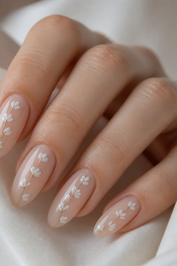 Five almond nails with a sheer nude base and white floral line art on one side. A thin gold stem runs vertically from near the cuticle to the tip, connecting the small white flower shapes. Glossy finish, lots of negative space.