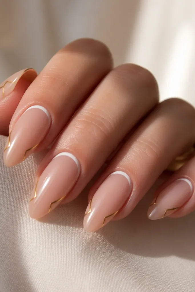 Five almond nails with a sheer nude base. The reverse French is a thin white curve near the cuticle. On both sides of the nail, small gold corners sit near the center and angle toward the tip. Glossy finish.