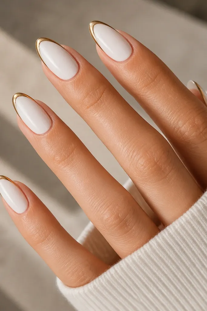 Six almond nails with a sleek glossy white base. Around each tip, there is a gold halo ring - thin and even - like a partial circle. The rest of the nail is plain white. No gems.
