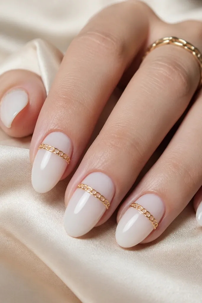 Porcelain milky-white almond nails with a glossy top coat. On each nail, a gold chain-link strip wraps halfway across the nail from the sidewall toward the center, with tiny links catching light. The gold sits just above the nail bed line and stops before the tip; clean cuticles, crisp edges, and a soft, feminine shine.