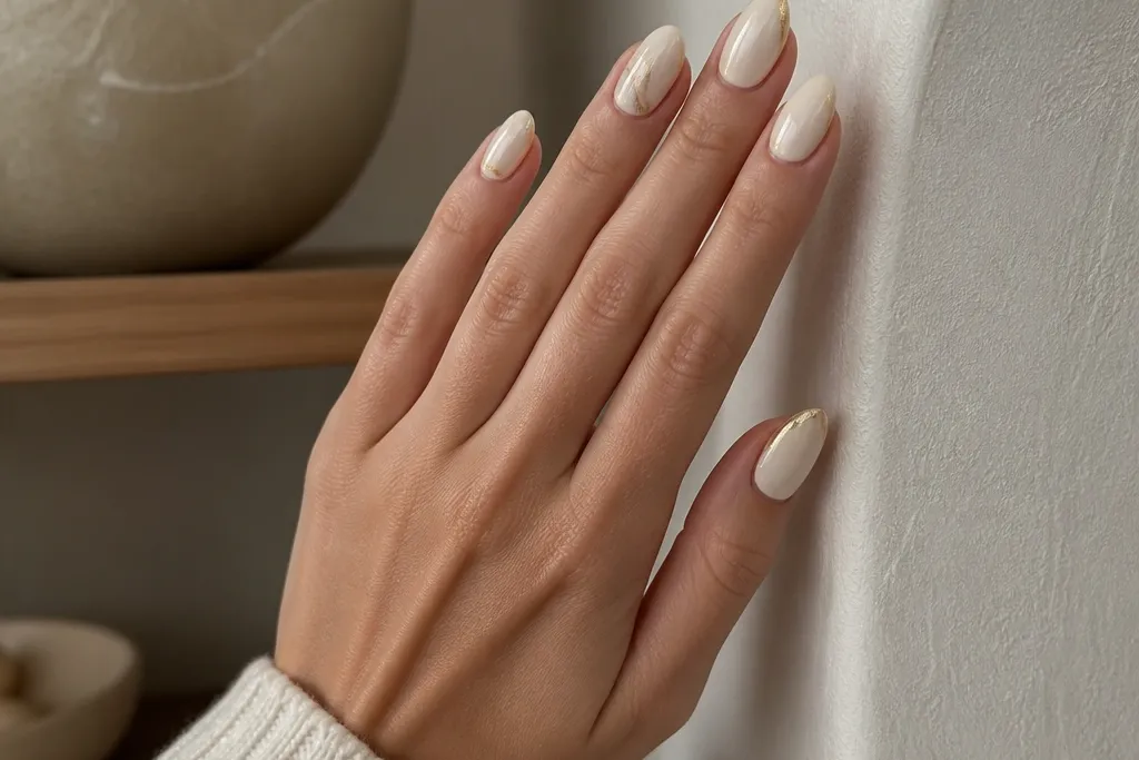 Almond white and gold nails for small spaces