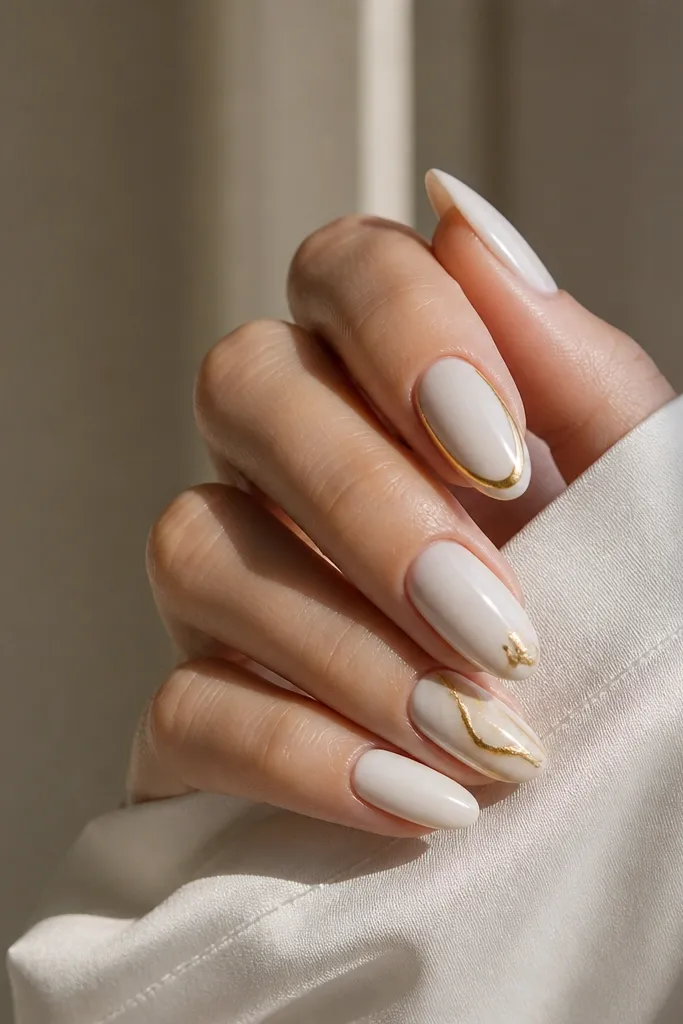 Almond white and gold nails for small spaces