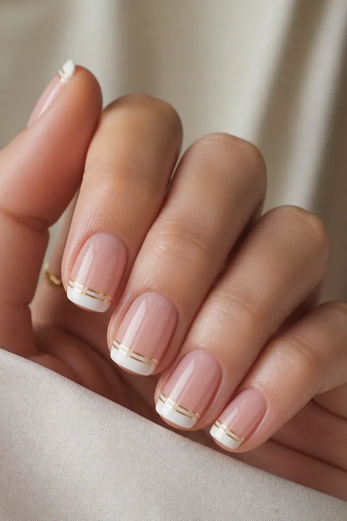On a short soft-squoval nail set, each nail has a creamy white French tip. Over the white tips, there are two parallel thin gold lines running horizontally, with tiny gaps at the sidewalls. The rest of the nail is sheer nude-pink with a glossy finish.