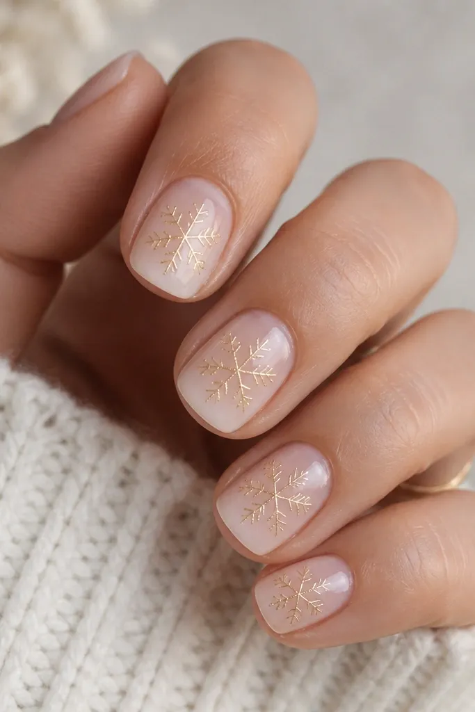 Short square nails with a sheer nude base. In the center of each nail, a crisp snowflake is drawn using thin gold lines. The snowflake lines sit over the nude, and only the tips have a faint white wash near the edge.