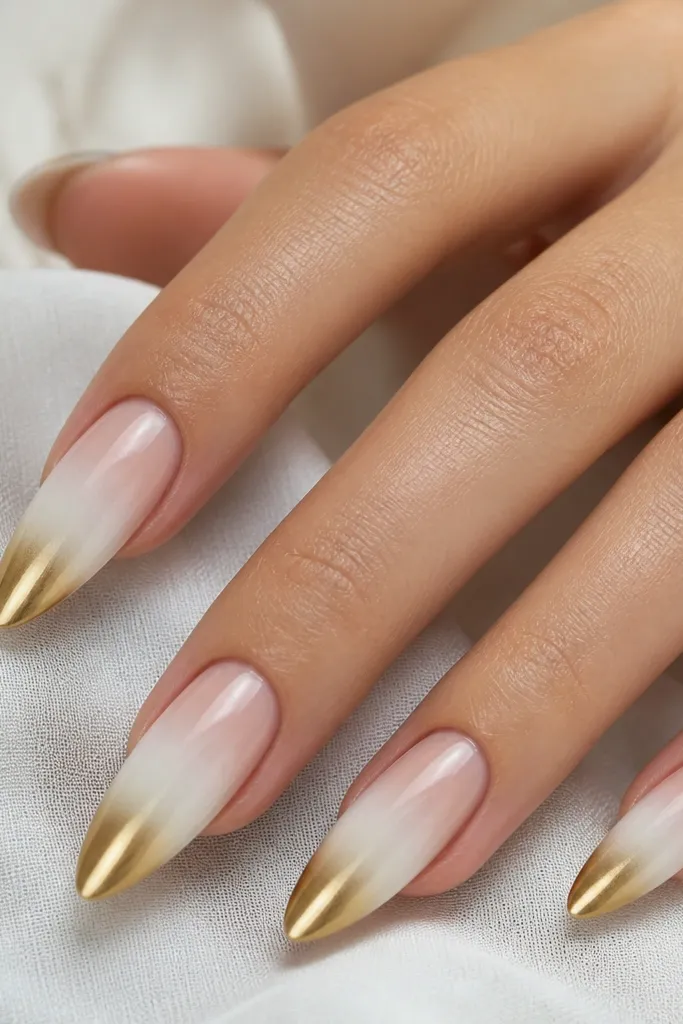Long almond nails that fade from sheer nude near the cuticle into a creamy white ombré at the middle, then transition into warm gold chrome at the very tips. The gold is mirror-like with a soft gradient edge.