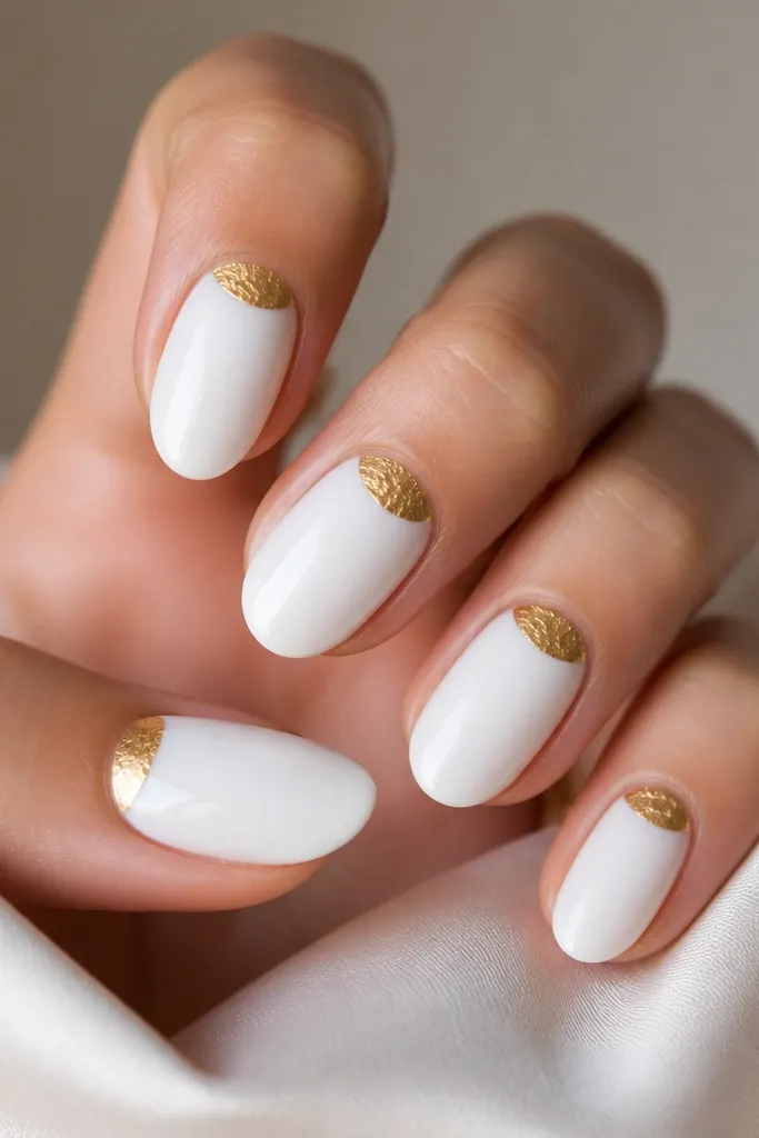 A medium oval set with a full milky white base. At the cuticle area on each nail, there's a clean gold foil half-moon shape like a crescent. The foil edges are slightly irregular but sealed smoothly under a glossy top coat.