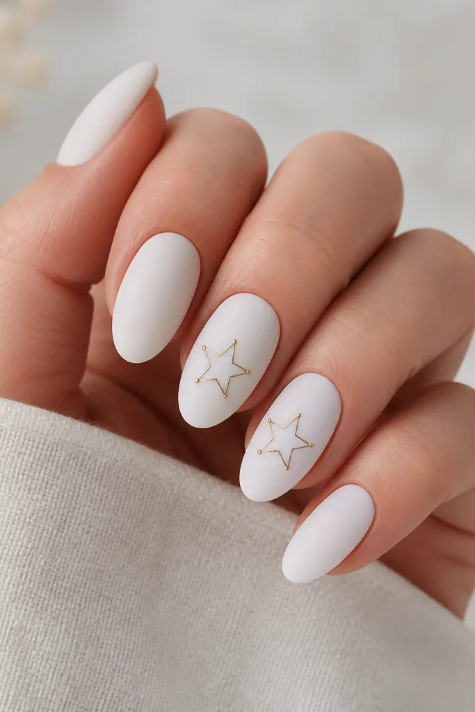 Short-to-medium almond nails with a matte white finish that looks velvety. On two accent nails, there are small five-point stars outlined in metallic gold, with tiny dots at the star tips. The rest of the nails are solid matte white.