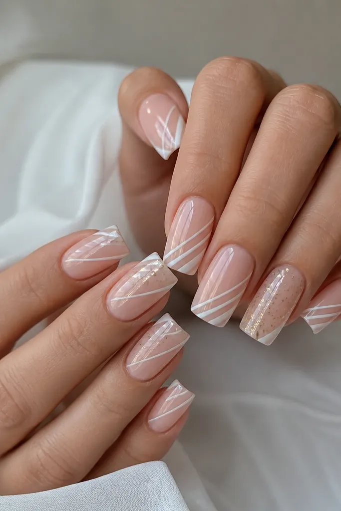A long square set with a sheer nude base. There are crisp white diagonal stripes across two-thirds of each nail, and on one nail per hand there are tiny micro specks of gold like confetti. Everything is glossy and clean with no chunky glitter.