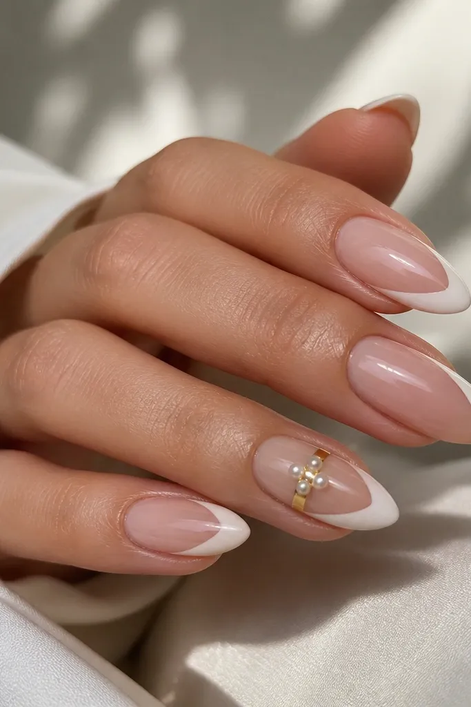 Medium almond nails with a sheer nude base and glossy creamy white accents. On one accent nail, there is a single horizontal gold band across the middle, and three tiny white pearl bead clusters sit stacked along the band. The pearls look raised but are sealed smoothly.