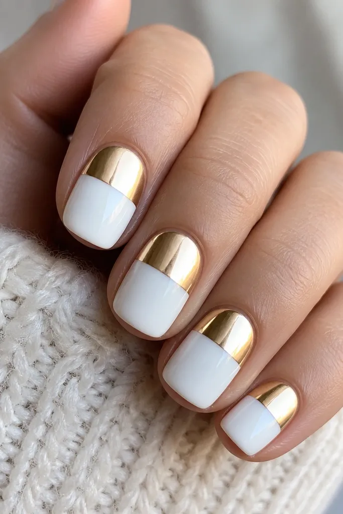 Short squoval nails with a snowy white base on the bottom half and a gold chrome mirror finish on the top half. The split line is straight and clean, like a geometric manicure. All nails are glossy with a crisp divide.