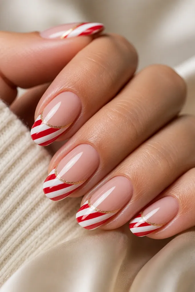 A medium oval set with a sheer nude base. The tips are painted in diagonal candy cane white-and-red stripes, and a very thin gold twist line spirals along one side of the tip. A glossy top coat makes the stripes shine.