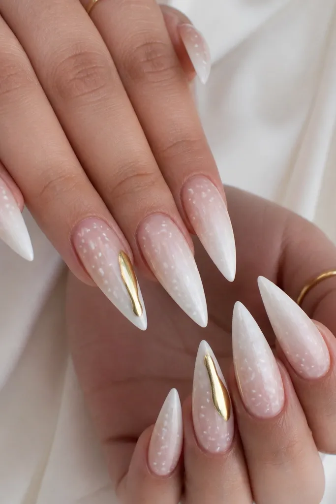 Long stiletto nails with a milky white base fading slightly at the cuticle. Across the nails are scattered tiny white dots like snowfall. On one accent nail per hand, there's a gold drip shape that starts near the mid-nail and tapers toward the tip.