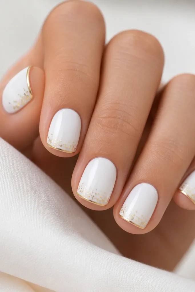 Short square nails with a full opaque white base. A thin gold French line sits right at the tip edge, and tiny gold confetti flecks are sprinkled just above the line. The nails are glossy and clean.