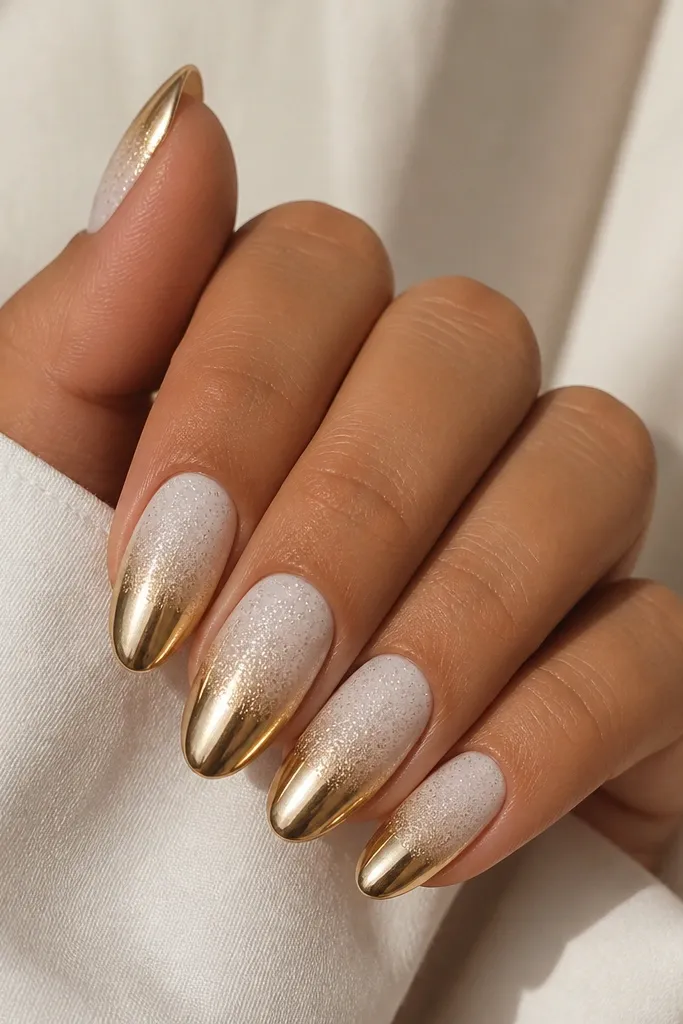 Medium almond nails with a subtle micro-glitter fade over a white base from cuticle to mid-nail. The last third of each nail is warm gold chrome, creating a strong contrast. The glitter is fine and even, no chunky sparkles.