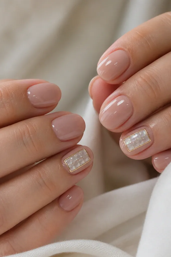 A set of short oval nails in glossy sheer nude. On one accent nail per hand, there are small square crystal gems in a neat grid, mostly white and clear. A thin gold border frames the gem area like a picture frame.