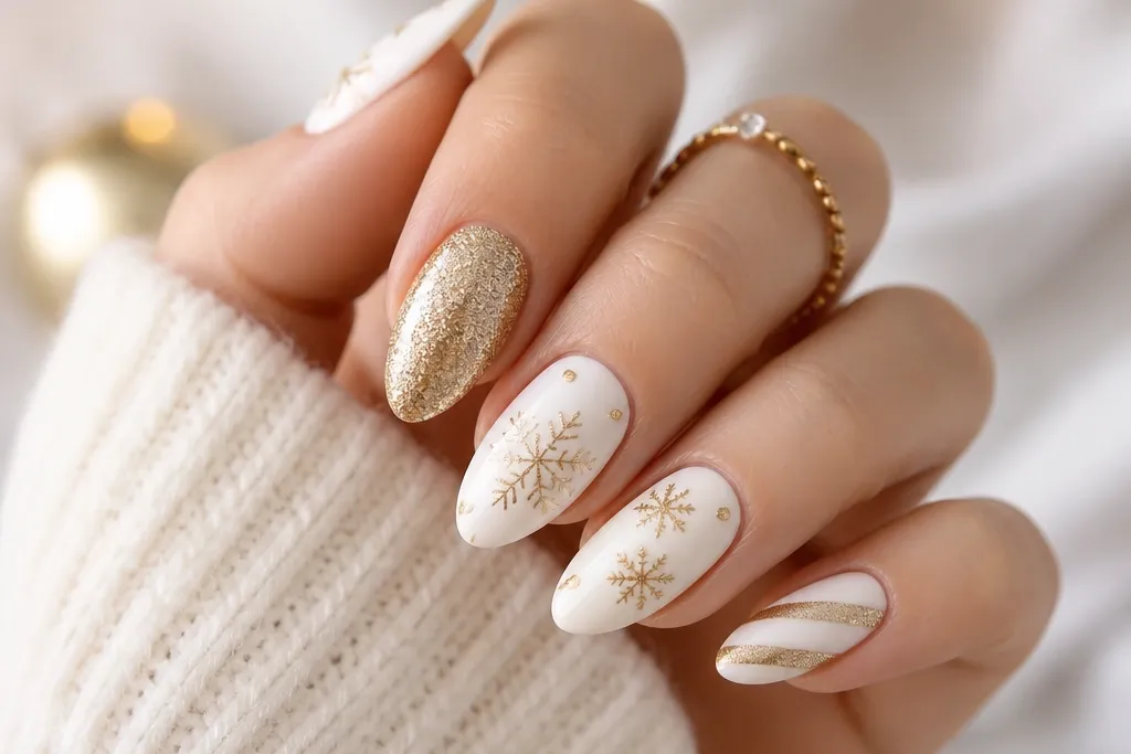 Modern white and gold Christmas nails
