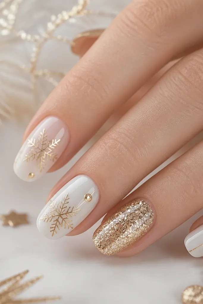 Modern white and gold Christmas nails