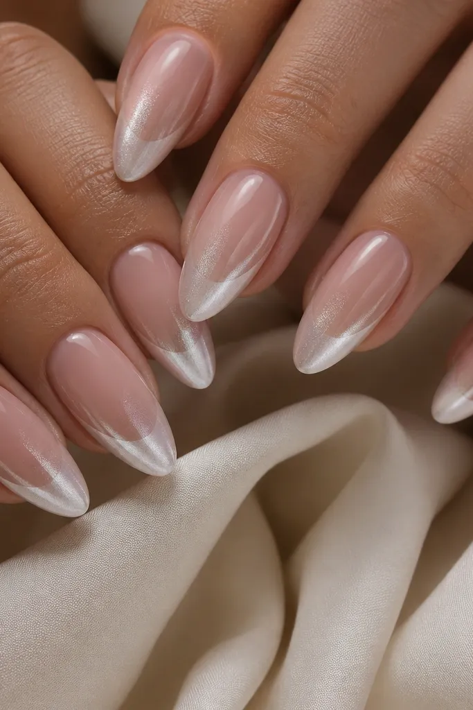 Close-up of a full set on medium almond nails. Tips are crisp pearl white with a soft, diagonal cat eye stripe that looks silver-pearl, running from the outer edge toward the center. The rest of the nail is sheer nude with high gloss.