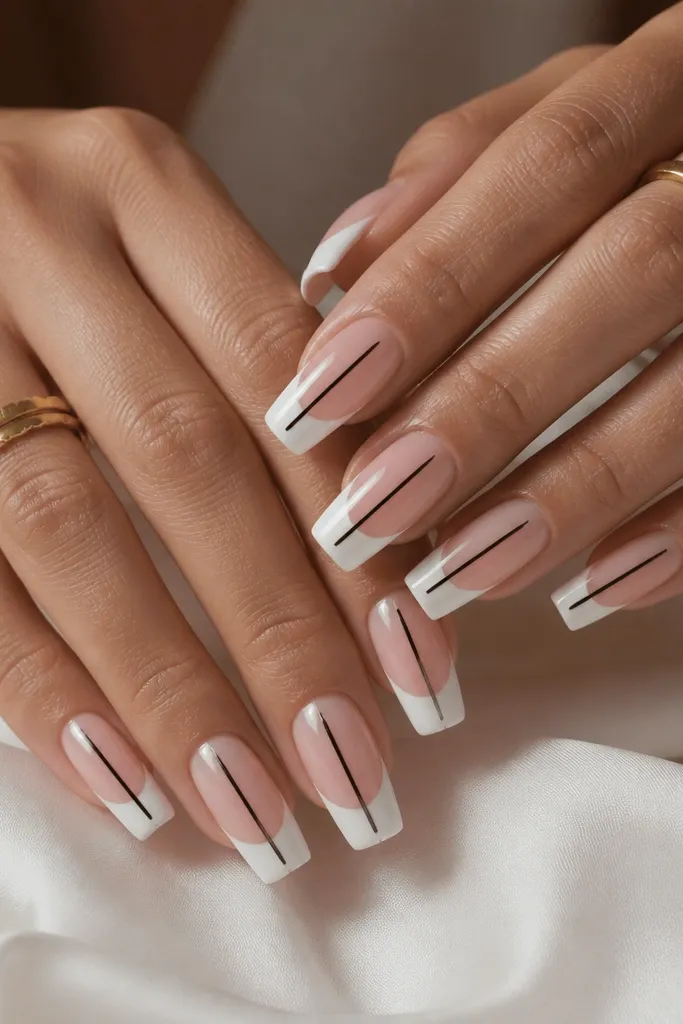 Full set on long squoval nails. French tips are matte-chalk white (still sealed), and there's a thin, sharp cat eye line in deep black running vertically from near the tip edge down toward the center. Nude base, glossy finish over the design.