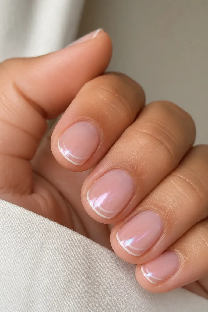 Short round nails. Tips are ultra-thin micro-french in bright white. A soft blush-pink cat eye ribbon glows inside the tip area, angled from the outer corner toward the center. Sheer pink base, glossy top coat.