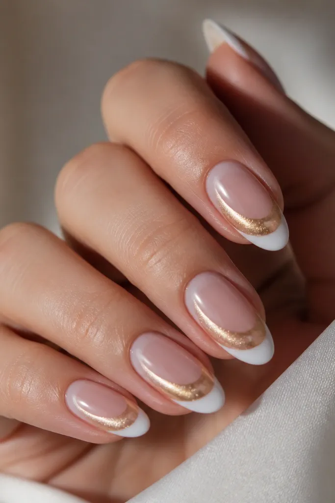 Medium almond nails. White french tips are crisp and slightly curved. Inside each tip, a gold cat eye glow forms an aurora-like arc that sweeps from the side toward the center. Nude base, high gloss.