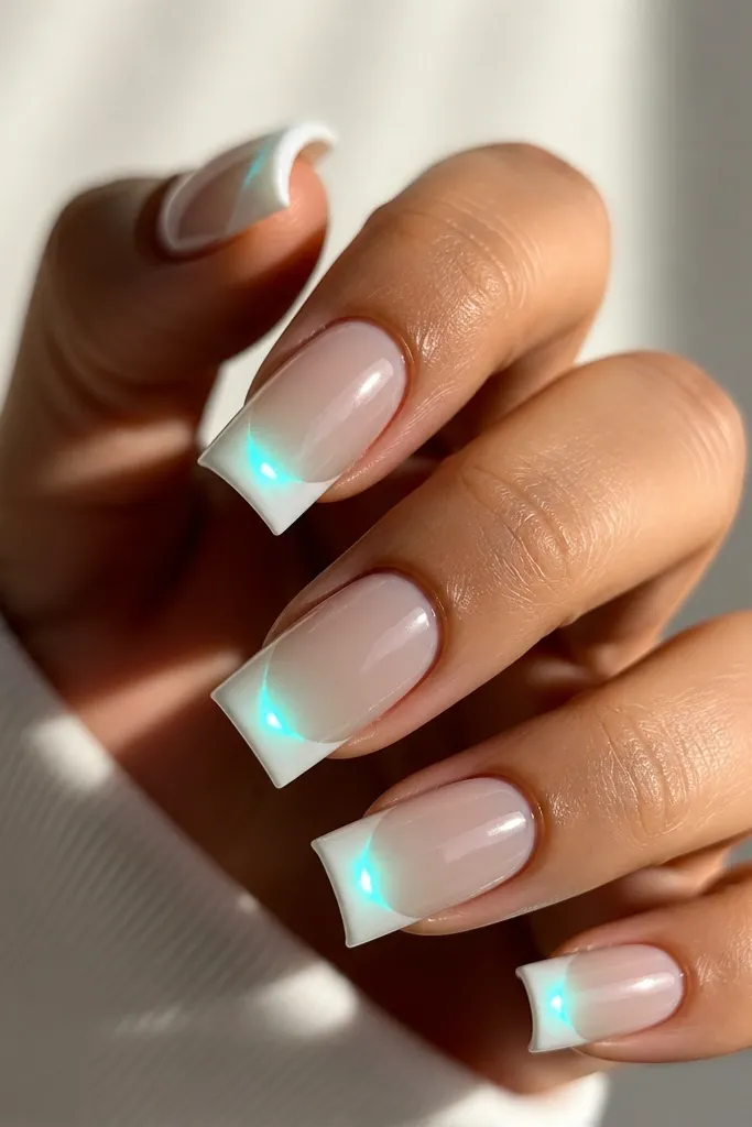 Long square nails. Bright white french tips with sharp edges. Under the tip, a turquoise cat eye glow appears like a hidden light source, with a diagonal flare toward the center. Clear nude base, glossy top coat.