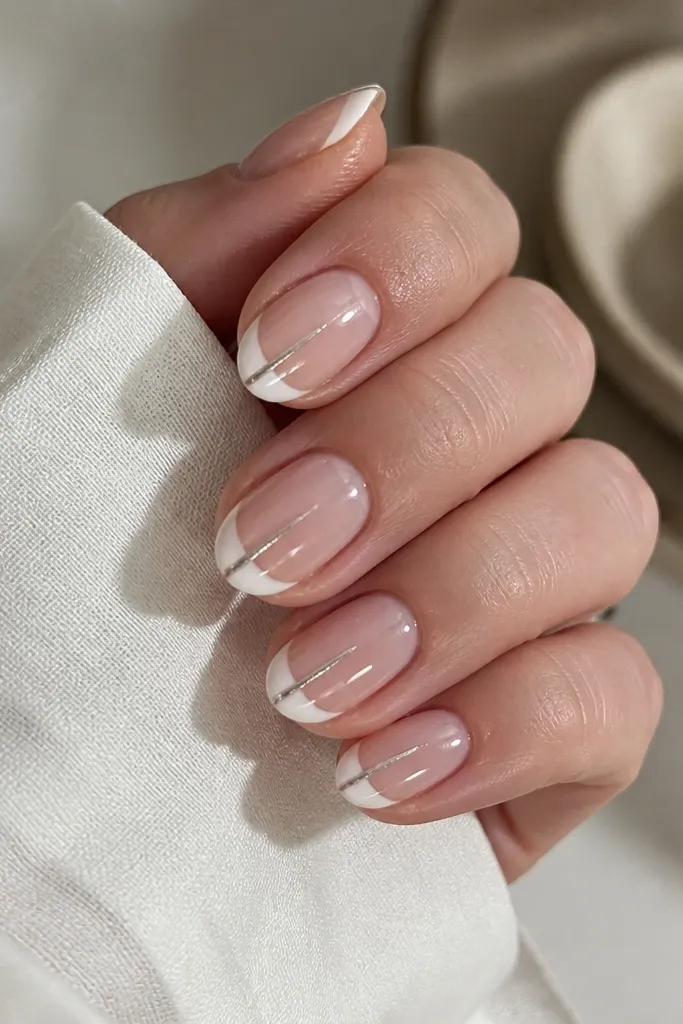 Short almond nails. White french tips are split into two halves by a thin silver cat eye line. The cat eye stripe runs down the center, with a slight flare at the tip. Nude base, glossy finish.