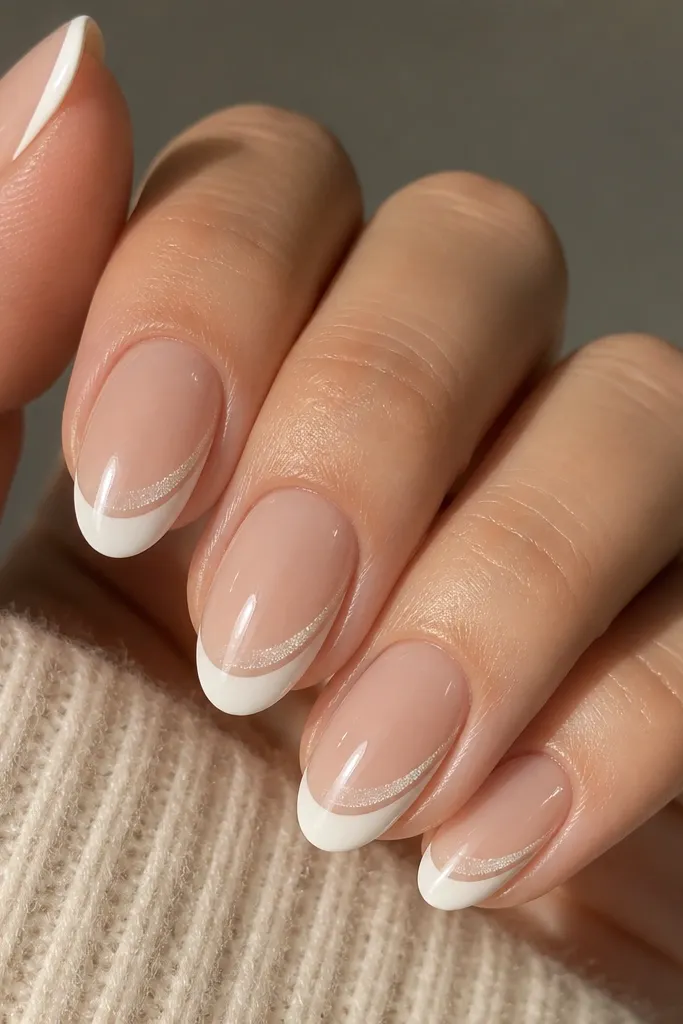 Medium oval nails with a sheer nude base. The french tip is white only on the outer half, leaving a crescent of natural nail visible near the center. A cat eye crescent glow sits at the boundary, angled toward the outer edge. Glossy top coat.