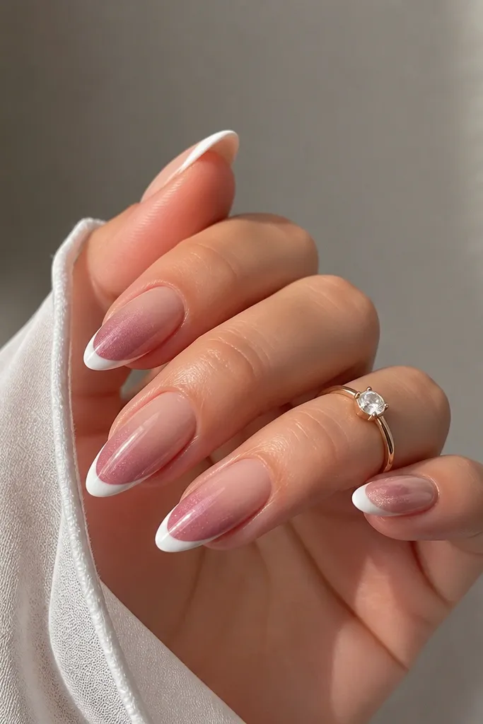 Almond nails. White french tips are crisp and glossy. From the tip edge inward, a rose cat eye "smoke" glow fades diagonally, with a softer line where the magnet pulled. Nude base.