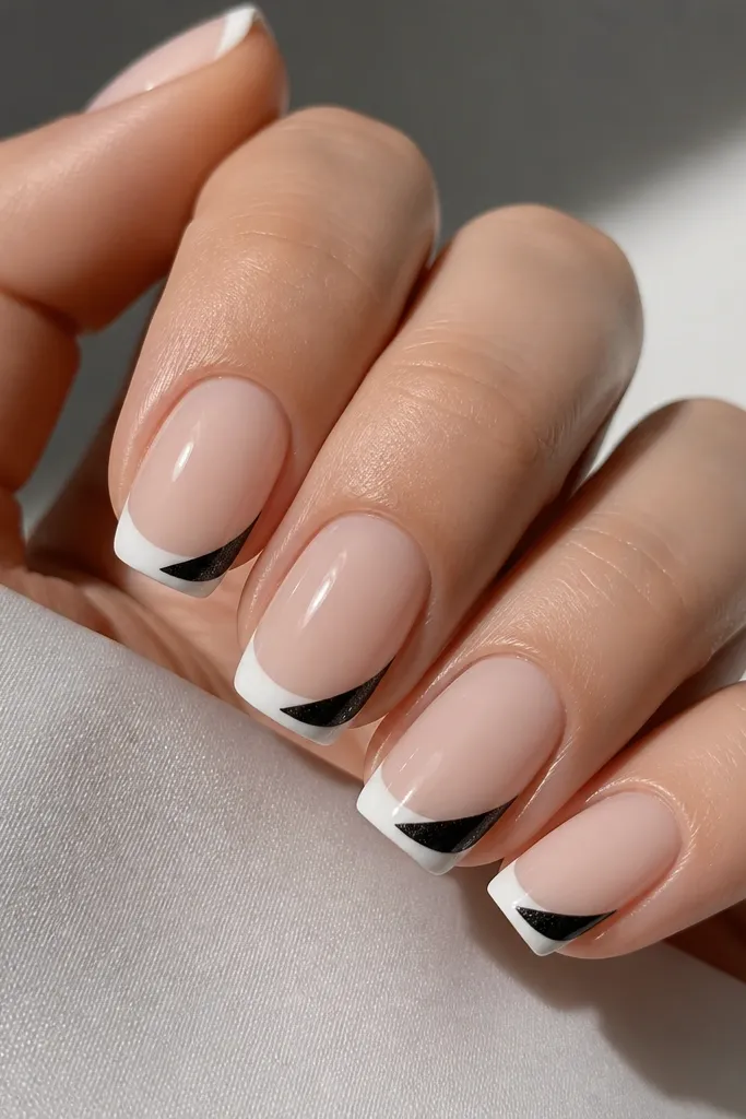 Medium squoval nails. White french tips are crisp. On each tip, a black cat eye wing shape sits near the outer corner and sweeps inward diagonally. Sheer nude base, high gloss.