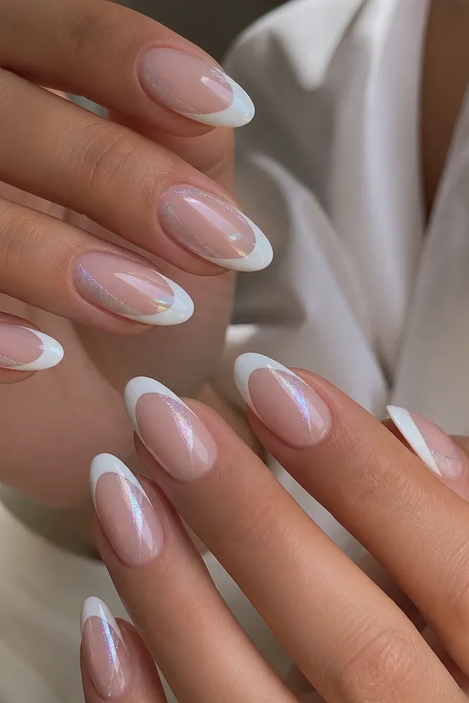 Medium oval nails. White french tips with clean edges. The cat eye area flashes between silver and soft pink depending on angle, forming a diagonal ribbon in the inner tip area. Nude base, mirror-like gloss.