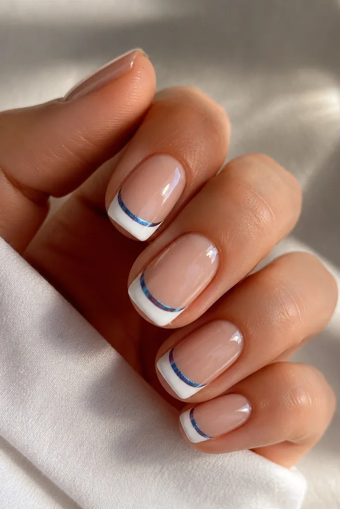 Short squoval nails. Crisp white french tips with a thin inner line of sapphire cat eye. The cat eye looks like a bright blue glow with a fine light shimmer, but no visible glitter. Sheer nude base, glossy top coat.