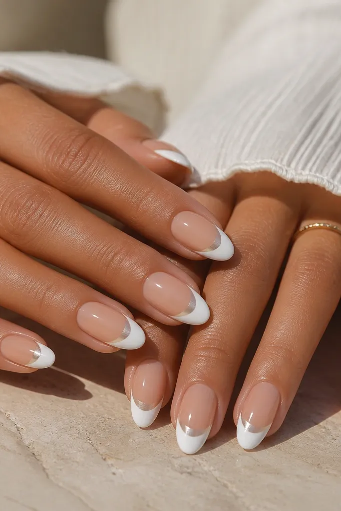 Medium almond nails. White french tips are crisp and glossy. Inside the tip, there's a soft silver cat eye half-moon centered, glowing like a crescent under the white. Nude base.