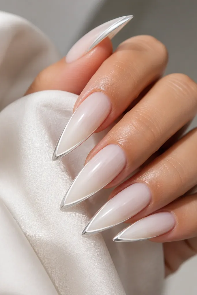Long stiletto nails. The entire nail base is frosted white, with a slightly brighter white french tip line. Along the very edge of the tip, there's a thin silver cat eye border that flashes diagonally. Glossy top coat.