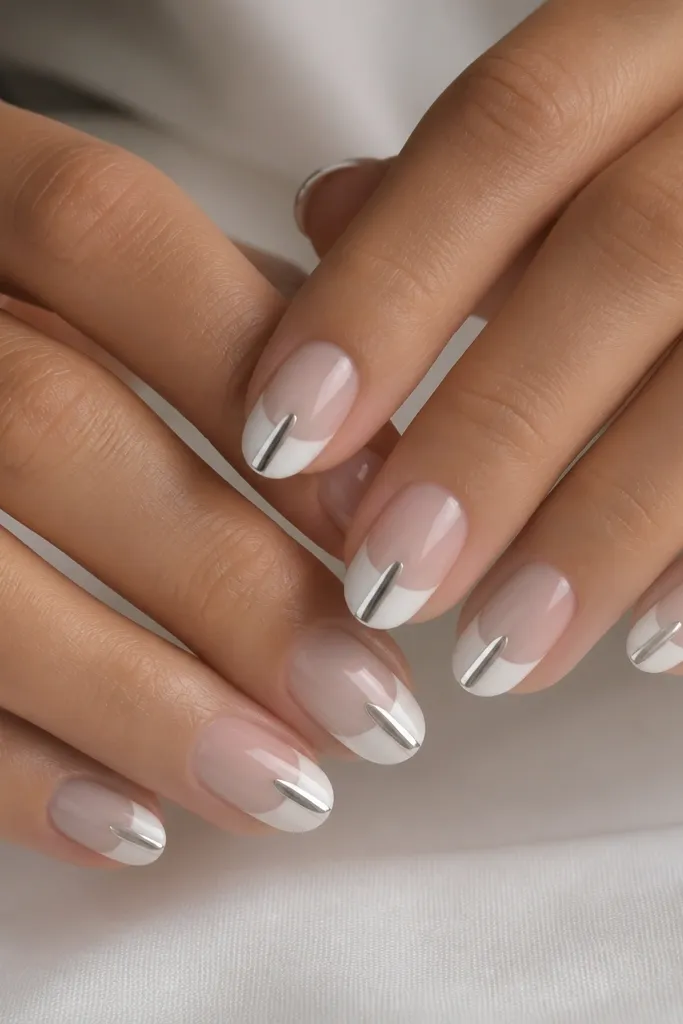 Hands with short almond nails. The base is sheer milky nude. The French tips are icy white, crisp and even at the smile line. A thick, glossy cat-eye stripe runs down the exact center of each nail from just above the tip line to the very tip. The stripe shows a steel-to-pearl shift with a bright white highlight and a faint gray shadow on each side. The cat-eye stripe reflects light like a narrow liquid ribbon, while the rest of the white tip stays matte-smooth.