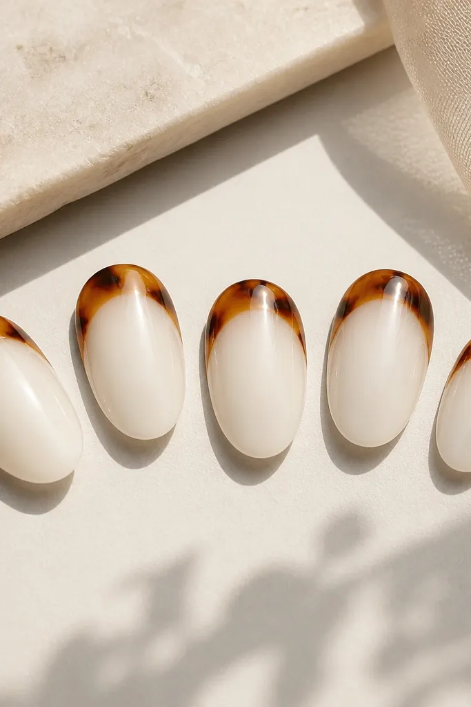 Five nails shown. The base is opaque milky white. The tips have classic tortoise shell in warm caramel and dark umber with irregular thin lines, leaving the center mostly white. The nails are short almond and glossy.