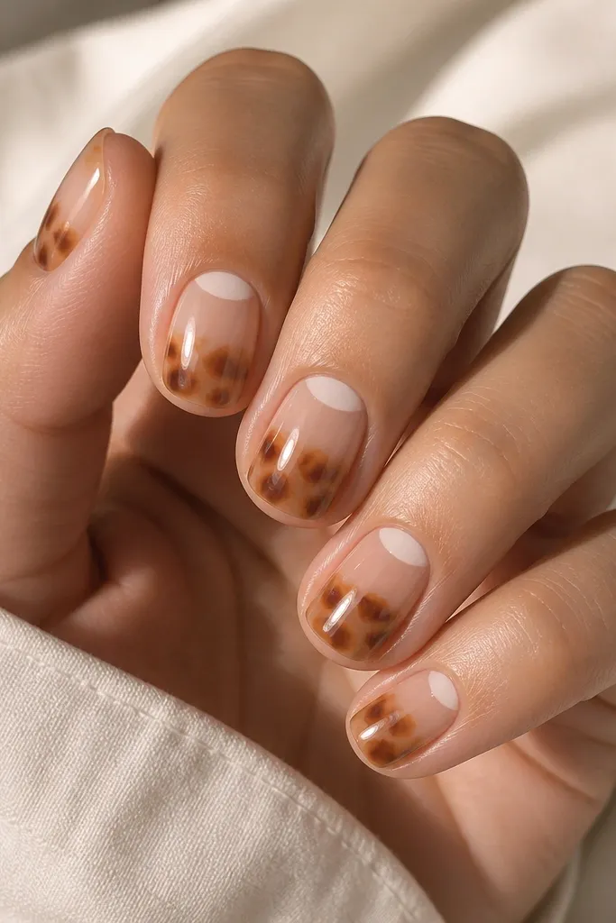 A full hand of short squoval nails. The cuticles show a crisp white half-moon, and from the half-moon edge the tortoise shell spreads downward in warm beige and brown fragments. The rest of the nail stays mostly sheer nude with glossy shine.